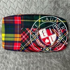 Estee Lauder Plaid Tartan Cosmetic Zipper Make Up Bag with Tassle & Big Logo